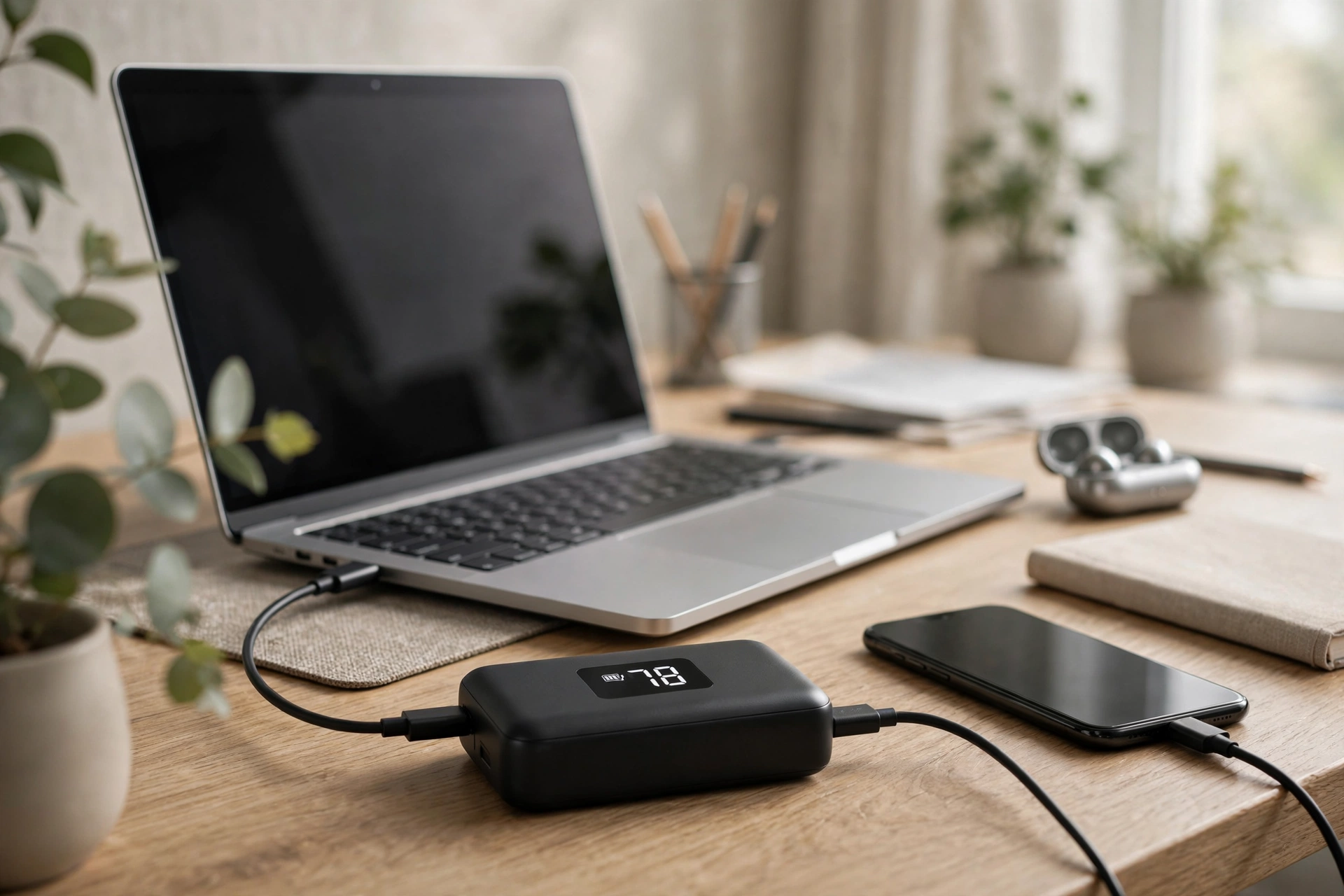 Semi solid state power bank with digital display charging a laptop on a desk
