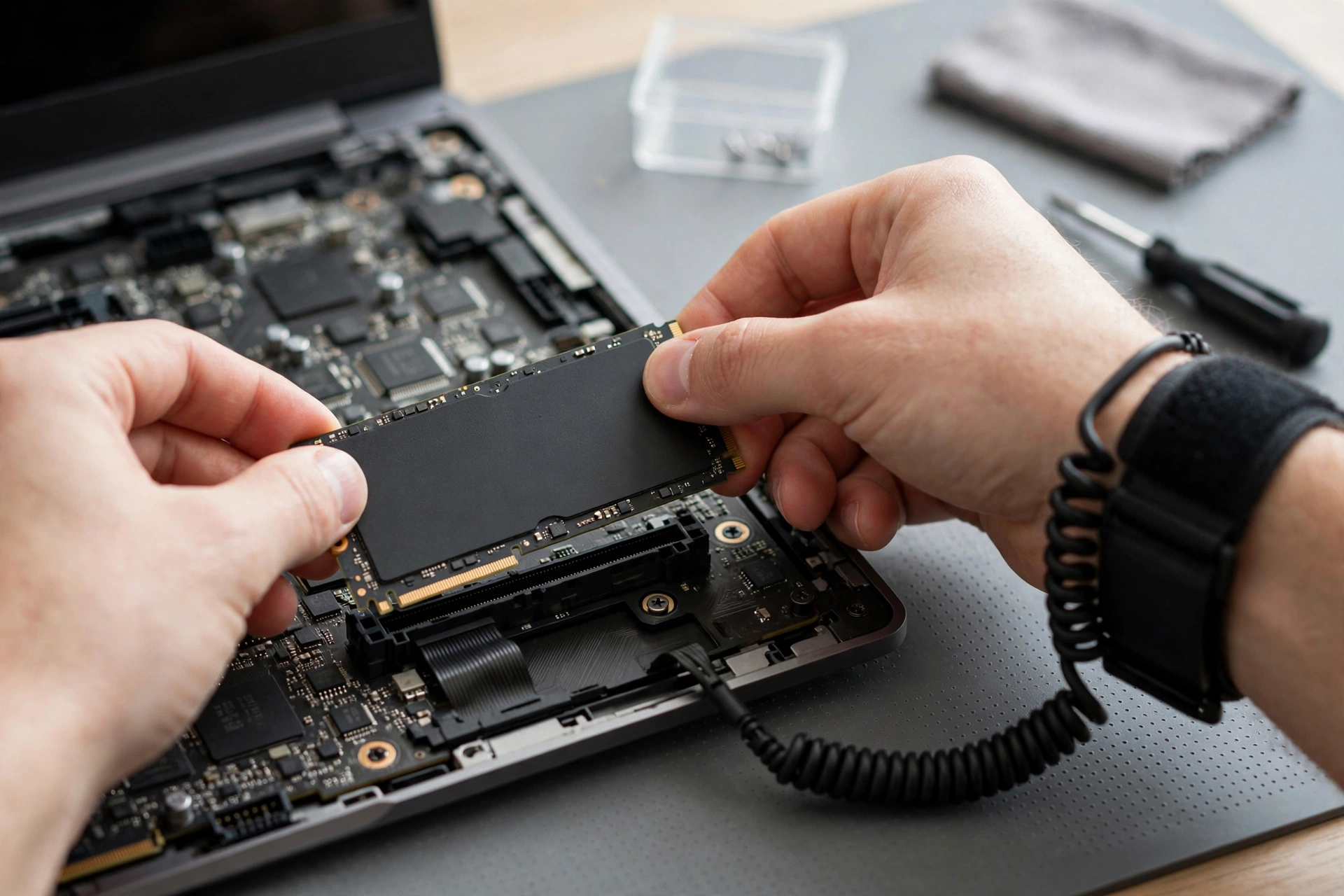 SSD upgrade kit next to an open laptop — replacing a spinning hard drive is the biggest speed upgrade