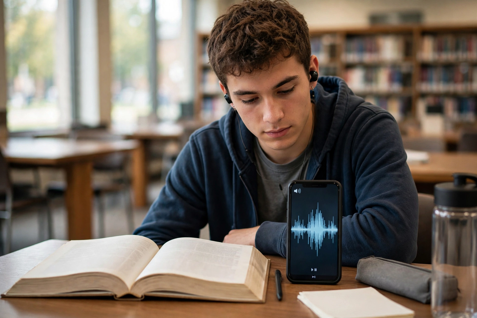 Student listening to a text to speech app on Android while studying